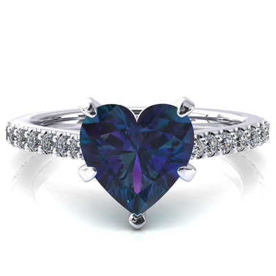 Kelsy Heart Alexandrite 5 Prong 3/4 Shared Scalloped Inverted Cathedral Ring-FIRE & BRILLIANCE