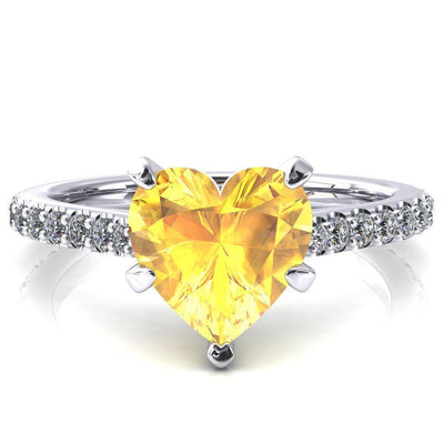 Kelsy Heart Yellow Sapphire 5 Prong 3/4 Shared Scalloped Inverted Cathedral Ring-FIRE & BRILLIANCE