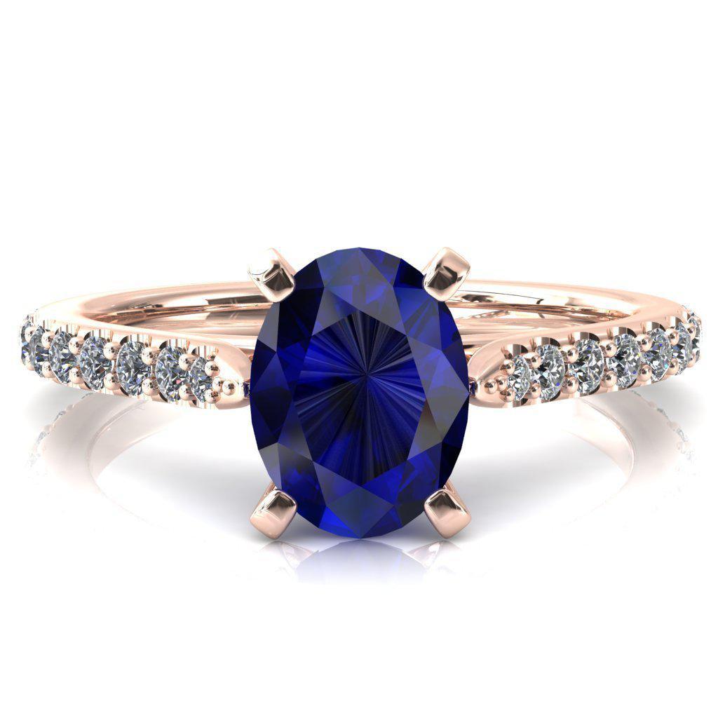 Kelsy Oval Blue Sapphire 4 Prong 3/4 Shared Scalloped Inverted Cathedral Ring-FIRE & BRILLIANCE
