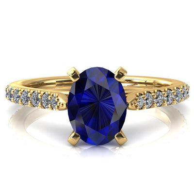 Kelsy Oval Blue Sapphire 4 Prong 3/4 Shared Scalloped Inverted Cathedral Ring-FIRE & BRILLIANCE