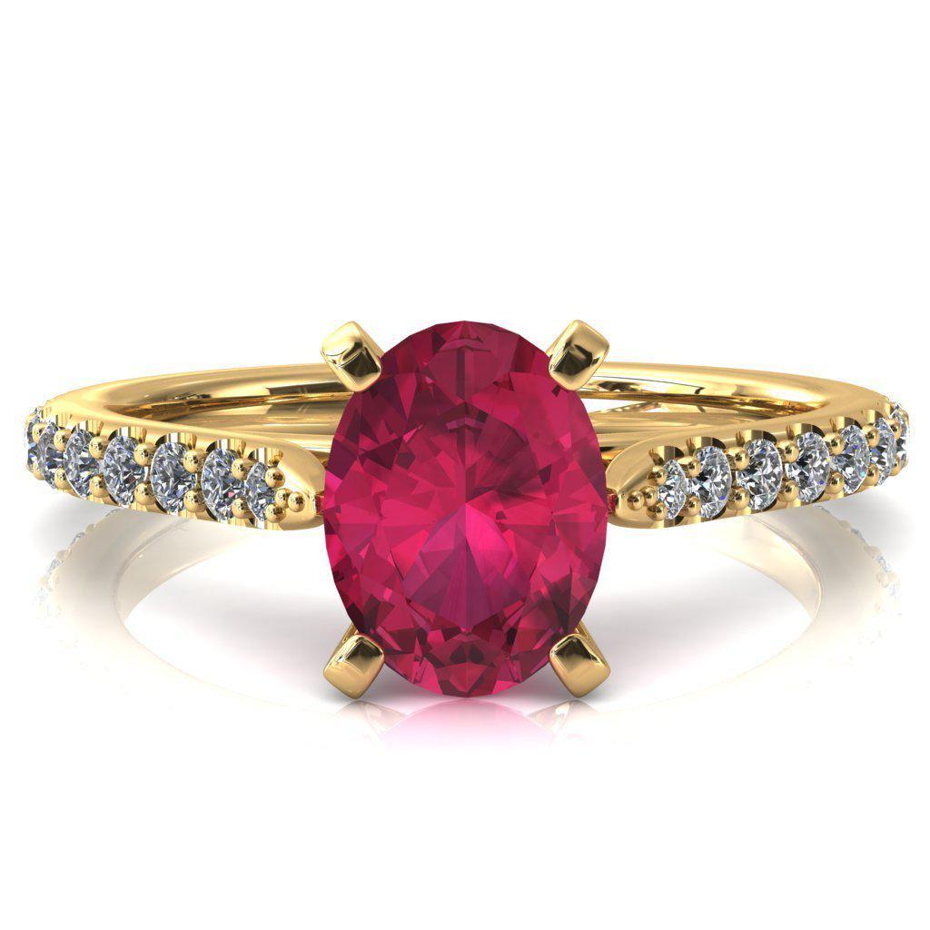 Kelsy Oval Ruby 4 Prong 3/4 Shared Scalloped Inverted Cathedral Ring-FIRE & BRILLIANCE