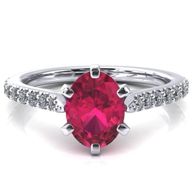 Kelsy Oval Ruby 6 Prong 3/4 Shared Scalloped Inverted Cathedral Ring-FIRE & BRILLIANCE
