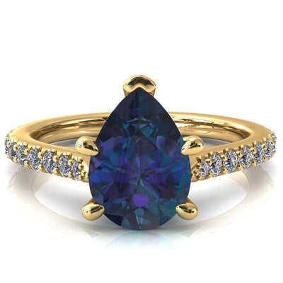 Kelsy Pear Alexandrite 5 Prong 3/4 Shared Scalloped Inverted Cathedral Ring-FIRE & BRILLIANCE