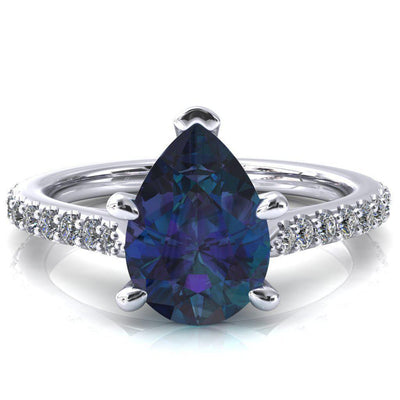 Kelsy Pear Alexandrite 5 Prong 3/4 Shared Scalloped Inverted Cathedral Ring-FIRE & BRILLIANCE