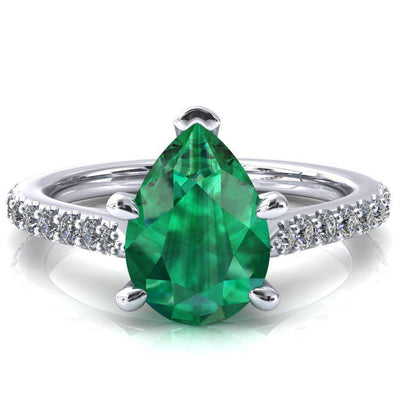 Kelsy Pear Emerald 5 Prong 3/4 Shared Scalloped Inverted Cathedral Ring-FIRE & BRILLIANCE
