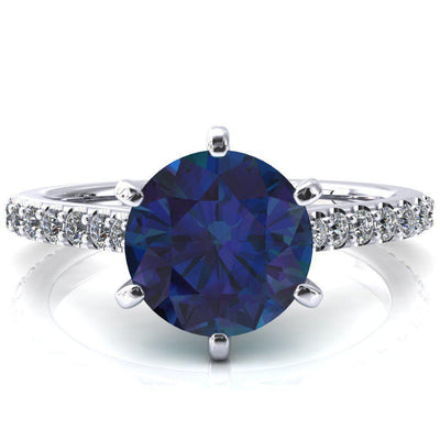 Kelsy Round Alexandrite 6 Prong 3/4 Shared Scalloped Inverted Cathedral Ring-FIRE & BRILLIANCE
