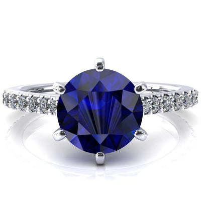 Kelsy Round Blue Sapphire 6 Prong 3/4 Shared Scalloped Inverted Cathedral Ring-FIRE & BRILLIANCE