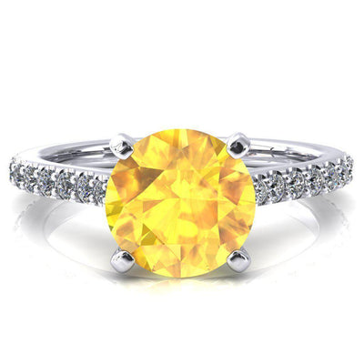 Kelsy Round Yellow Sapphire 4 Prong 3/4 Shared Scalloped Inverted Cathedral Ring-FIRE & BRILLIANCE