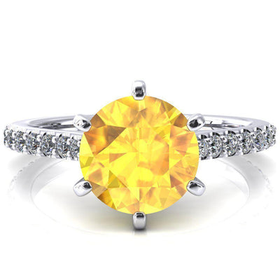 Kelsy Round Yellow Sapphire 6 Prong 3/4 Shared Scalloped Inverted Cathedral Ring-FIRE & BRILLIANCE