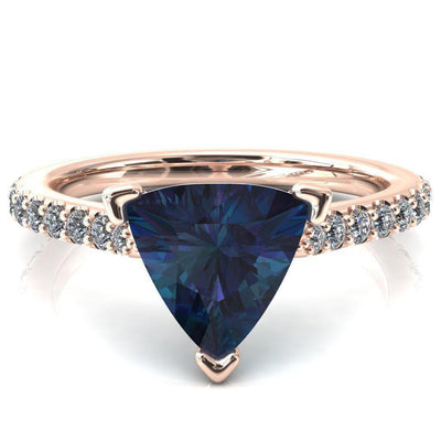 Kelsy Trillion Alexandrite 3 Prong 3/4 Shared Scalloped Inverted Cathedral Ring-FIRE & BRILLIANCE