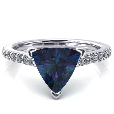 Kelsy Trillion Alexandrite 3 Prong 3/4 Shared Scalloped Inverted Cathedral Ring-FIRE & BRILLIANCE