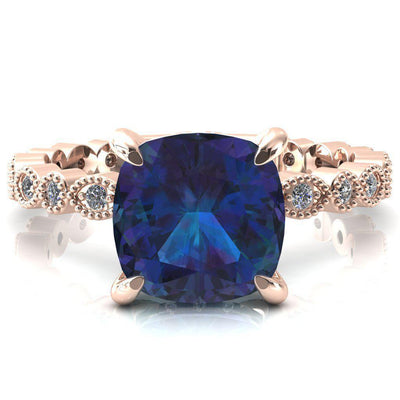 Lizette Cushion Alexandrite 4 Claw Prong 3/4 Eternity Milgrain Diamond Shank Engagement Ring-FIRE & BRILLIANCE