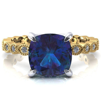 Lizette Cushion Alexandrite 4 Claw Prong 3/4 Eternity Milgrain Diamond Shank Engagement Ring-FIRE & BRILLIANCE