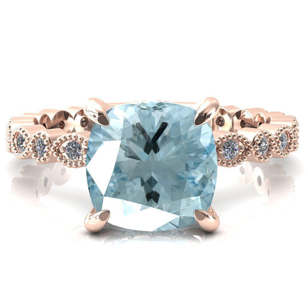 Lizette Cushion Aqua Blue Spinel 4 Claw Prong 3/4 Eternity Milgrain Diamond Shank Engagement Ring-FIRE & BRILLIANCE
