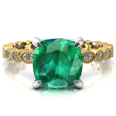 Lizette Cushion Emerald 4 Claw Prong 3/4 Eternity Milgrain Diamond Shank Engagement Ring-FIRE & BRILLIANCE