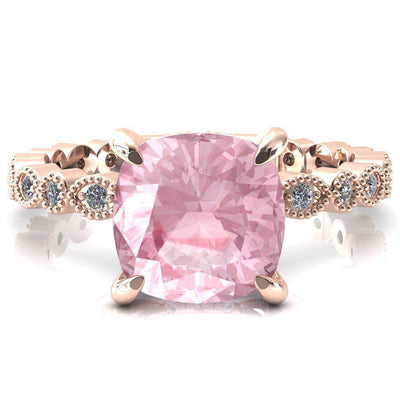 Lizette Cushion Pink Sapphire 4 Claw Prong 3/4 Eternity Milgrain Diamond Shank Engagement Ring-FIRE & BRILLIANCE