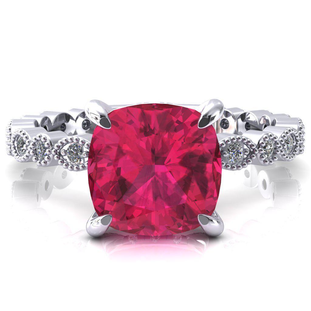 Lizette Cushion Ruby 4 Claw Prong 3/4 Eternity Milgrain Diamond Shank Engagement Ring-FIRE & BRILLIANCE