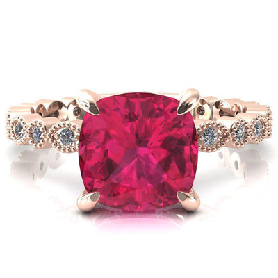 Lizette Cushion Ruby 4 Claw Prong 3/4 Eternity Milgrain Diamond Shank Engagement Ring-FIRE & BRILLIANCE