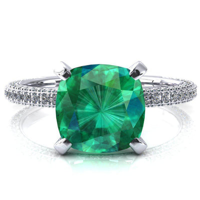 Mariyah Cushion Emerald 4 Prong 3/4 Eternity 3 Sided Diamond Shank Engagement Ring-FIRE & BRILLIANCE