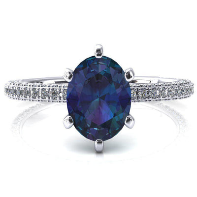 Mariyah Oval Alexandrite 6 Prong 3/4 Eternity 3 Sided Diamond Shank Engagement Ring-FIRE & BRILLIANCE
