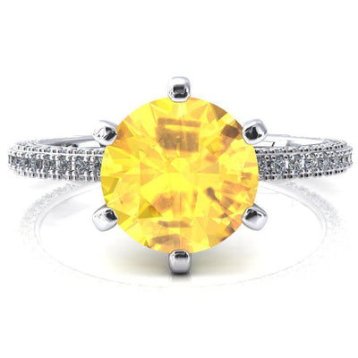 Mariyah Round Yellow Sapphire 6 Prong 3/4 Eternity 3 Sided Diamond Shank Engagement Ring-FIRE & BRILLIANCE