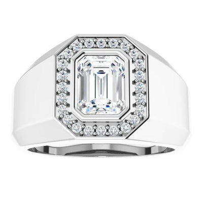 Matthew 7x5mm Emerald Moissanite Bezel Diamond Channel Halo Ring-FIRE & BRILLIANCE