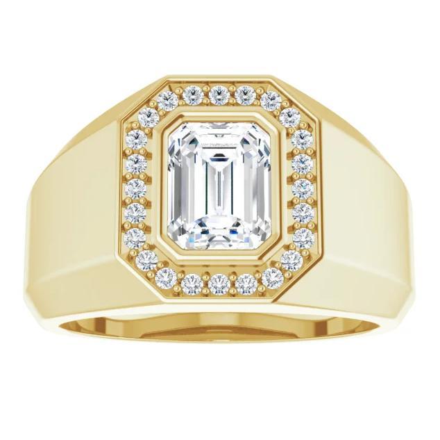 Matthew 7x5mm Emerald Moissanite Bezel Diamond Channel Halo Ring-FIRE & BRILLIANCE