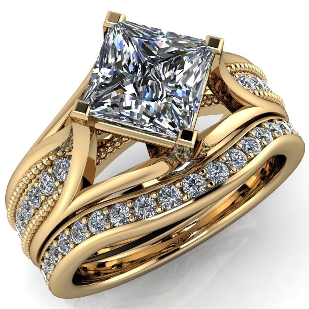 Mercuri Princess/Square Moissanite Split Shank Diamond Channel Milgrain Ring-Custom-Made Jewelry-Fire & Brilliance ®