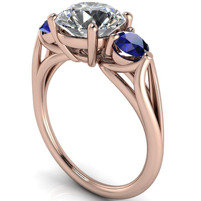Mira Round Moissanite Blue Sapphire Side Split Shank Cathedral Hybrid Engagement Ring-Custom-Made Jewelry-Fire & Brilliance ®