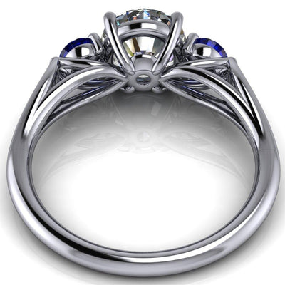 Mira Round Moissanite Blue Sapphire Side Split Shank Cathedral Hybrid Engagement Ring-Custom-Made Jewelry-Fire & Brilliance ®