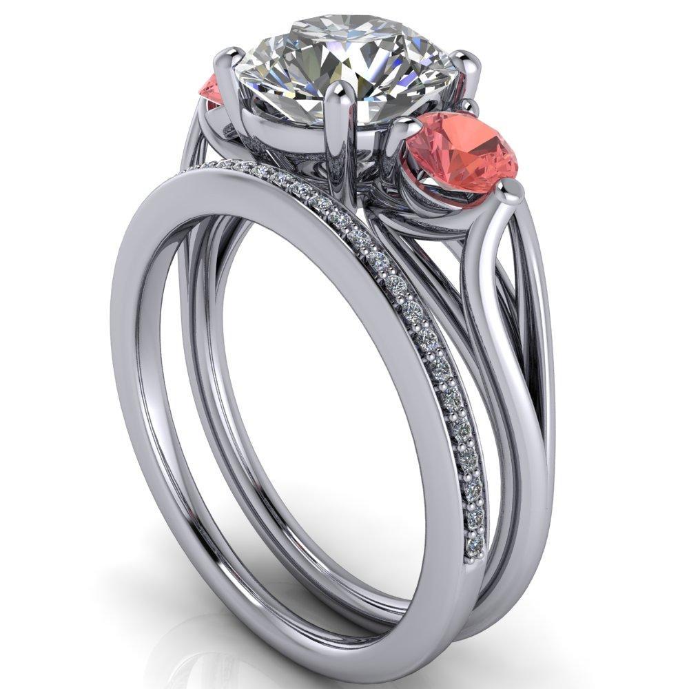 Mira Round Moissanite Padparadscha Sapphire Side Split Shank Cathedral Hybrid Engagement Ring-Custom-Made Jewelry-Fire & Brilliance ®