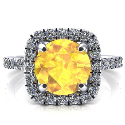 Molly Round Yellow Sapphire Halo 4 Prong 3/4 Diamond Eternity Engagement Ring-FIRE & BRILLIANCE