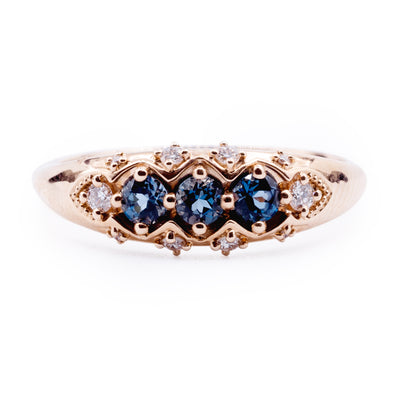 Three London Blue Topaz Stone Vintage Ring with Diamond Accents