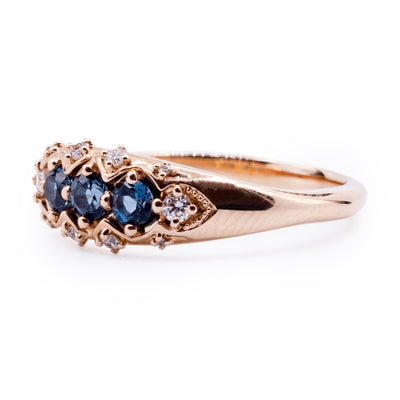 Three London Blue Topaz Stone Vintage Ring with Diamond Accents
