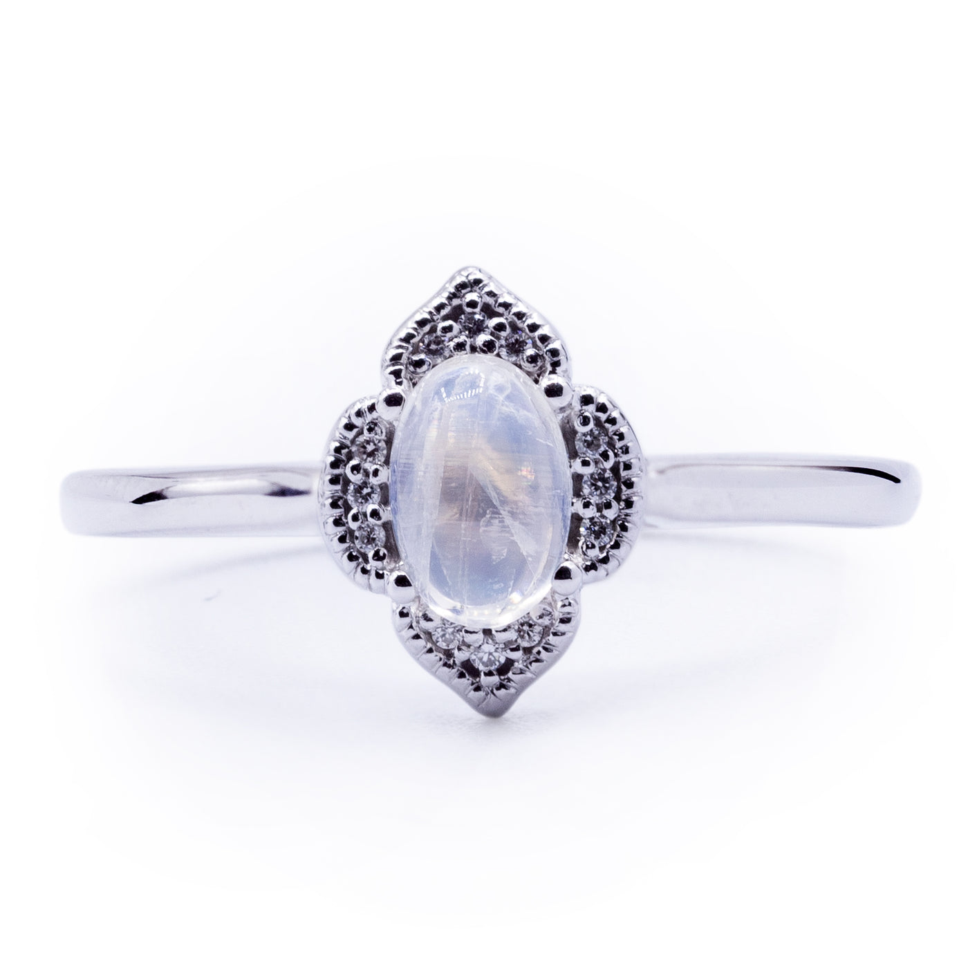 Oval Natural Rainbow Moonstone Ring with Diamond and Milgrain Accented Halo