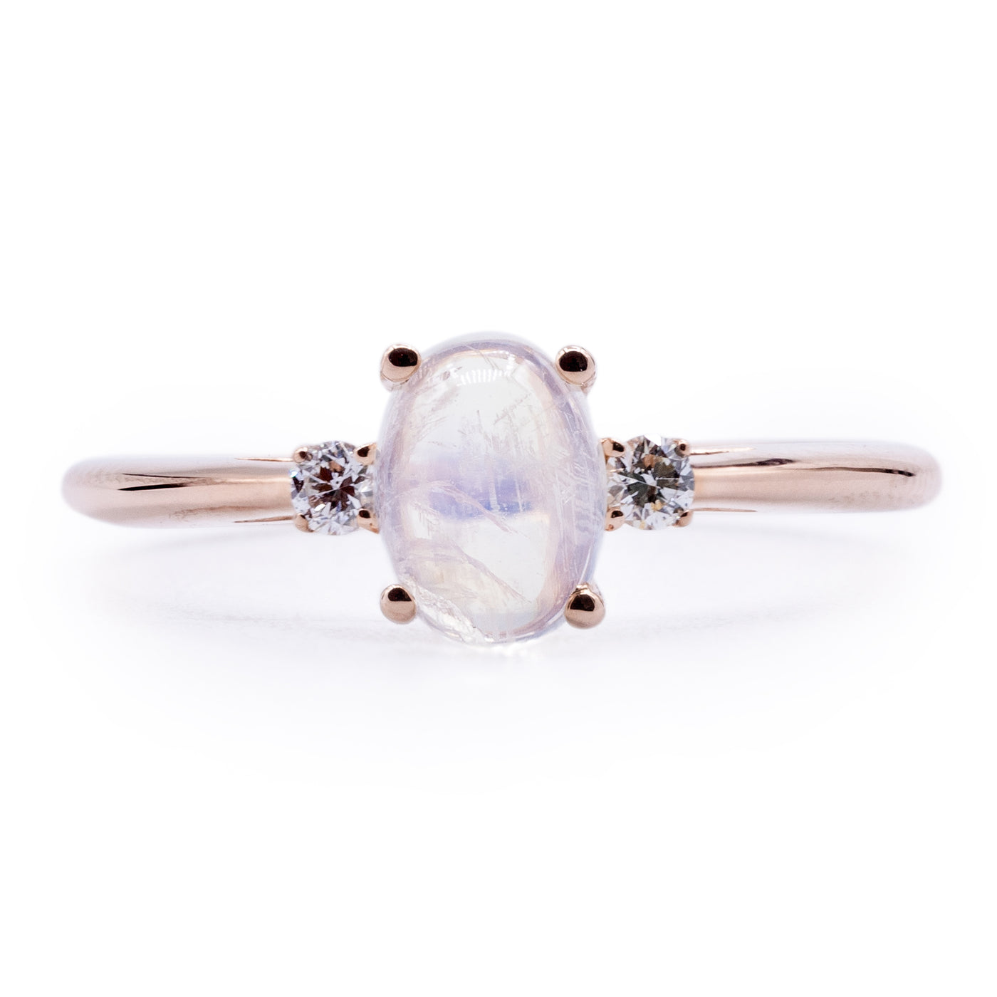 Oval Natural Rainbow Moonstone Ring with Diamond Side Stones on a Cathedral Shank