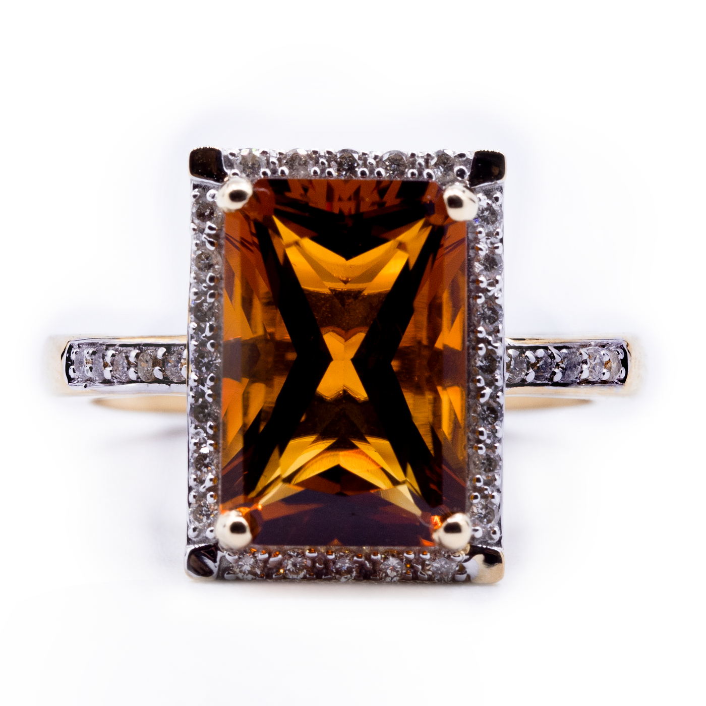 Radiant Natural Citrine with Diamond Accented Halo and Shank Ring
