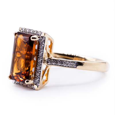 Radiant Natural Citrine with Diamond Accented Halo and Shank Ring