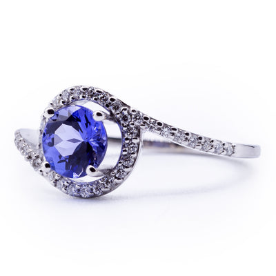 Round Natural Tanzanite with Diamond Accented Bypass Halo Ring