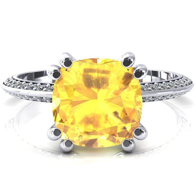 Nancy Cushion Yellow Sapphire 4 Double Prong 1/2 Eternity Diamond Knife Shank Accent Engagement Ring-FIRE & BRILLIANCE