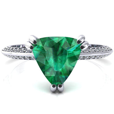 Nancy Trillion Emerald 3 Double Prong 1/2 Eternity Diamond Knife Shank Accent Engagement Ring-FIRE & BRILLIANCE