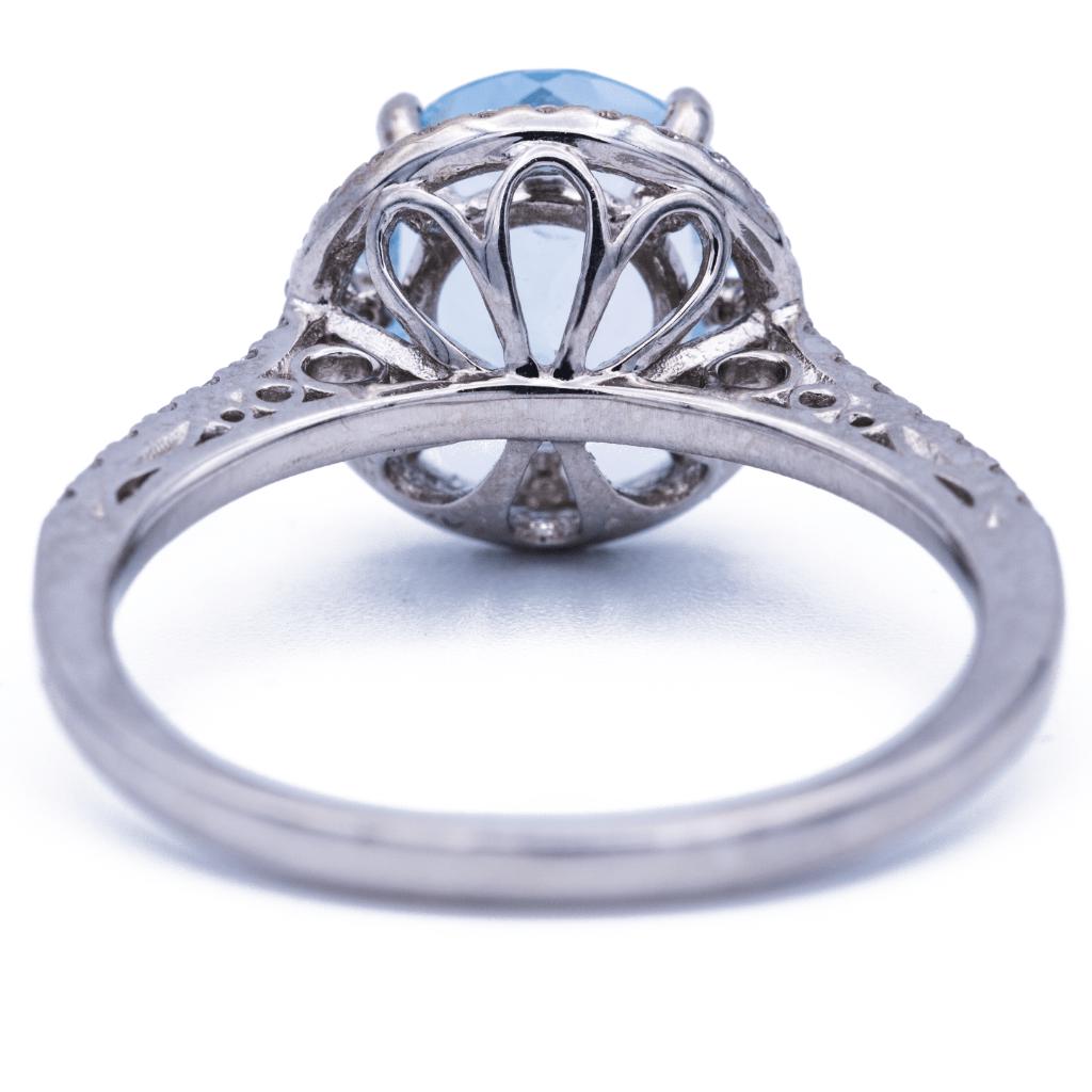 Natural Faceted Round AquaMarine 14k Solid White Gold with Diamond Scroll Shoulders and Floral Petals Halo Basket Setting 1.8 CTTW-Fire & Brilliance ® Creative Designs-Fire & Brilliance ®