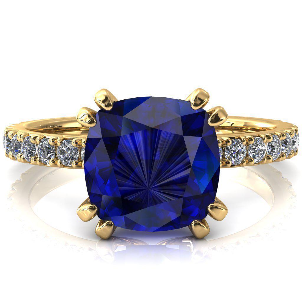 Nefili Cushion Blue Sapphire 4 Double Prong 3/4 Eternity Diamond French Pave Engagement Ring-FIRE & BRILLIANCE