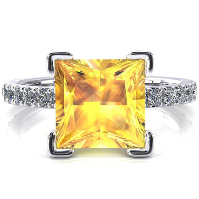 Nefili Princess Yellow Sapphire 4 Prong 3/4 Eternity Diamond French Pave Engagement Ring-FIRE & BRILLIANCE