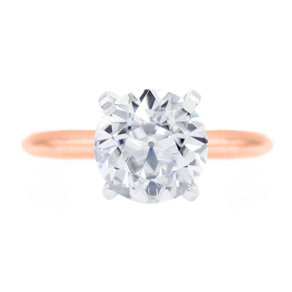 Old European Cut (OEC) Round Moissanite 14K or 18K Two-Tone Rose Gold Band and White Gold 4 Prongs Solitaire Ring-Solitaire Ring-Fire & Brilliance ®