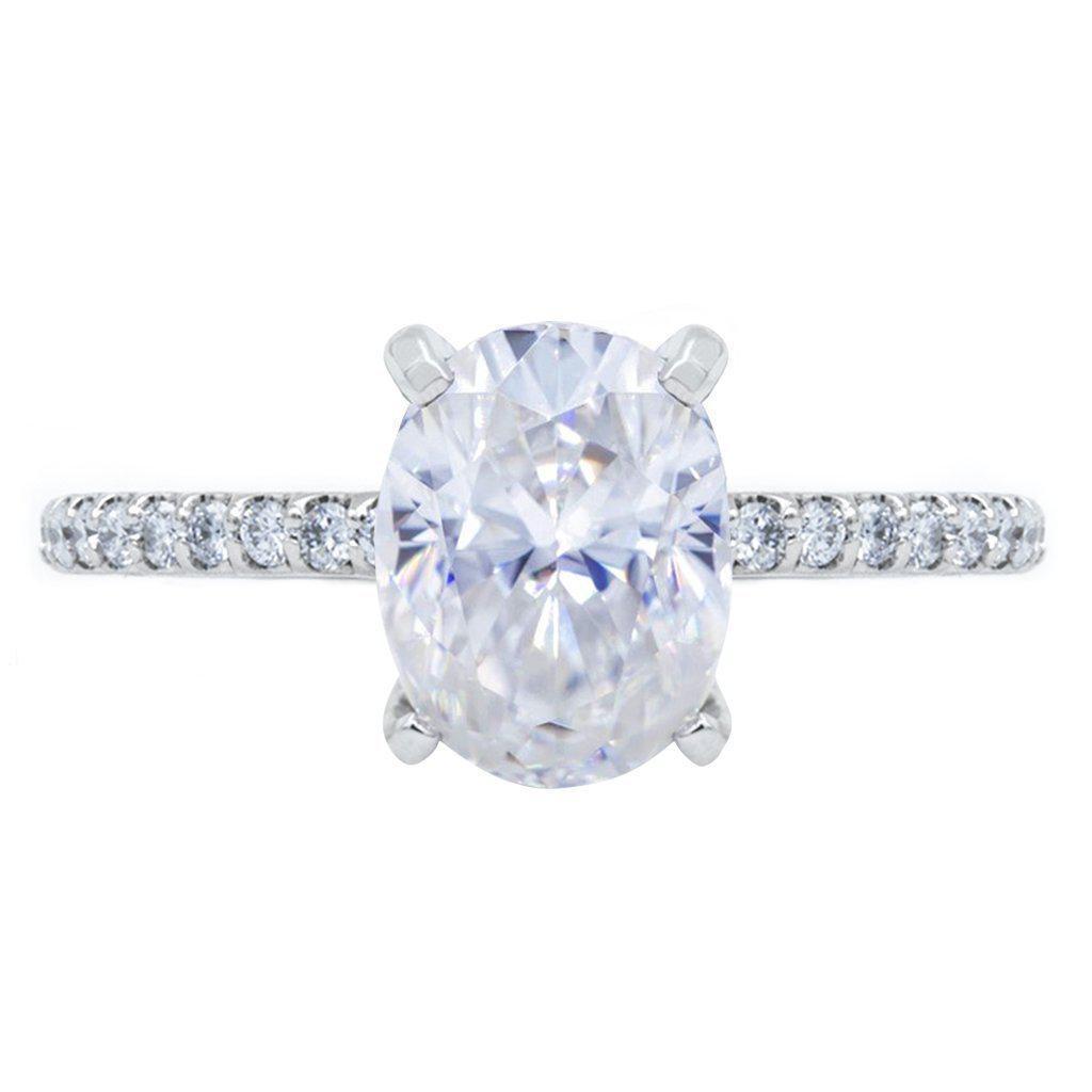 Oval Crushed Ice Moissanite Prongs Diamond Accent Ice Cathedral Solitaire  Ring