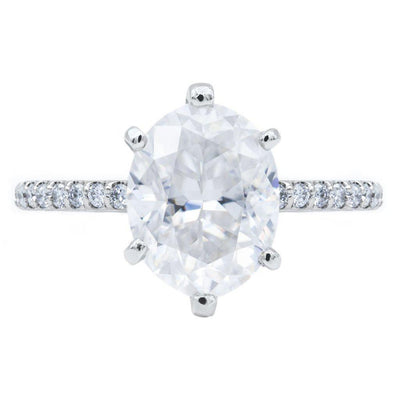 Oval Crushed Ice Moissanite 6 Prongs Diamond Accent Ice Solitaire Ring-Solitaire Ring-Fire & Brilliance ®