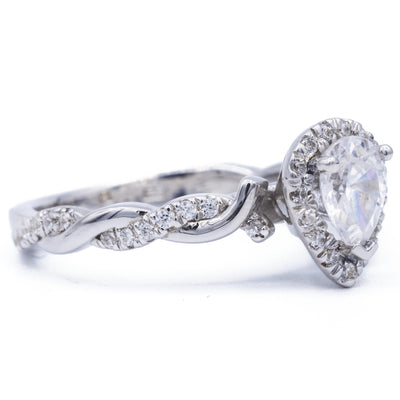 Pear Moissanite 14K White Gold Halo with Flushed Twist Diamond Shank Ring-Fire & Brilliance ® Creative Designs-Fire & Brilliance ®