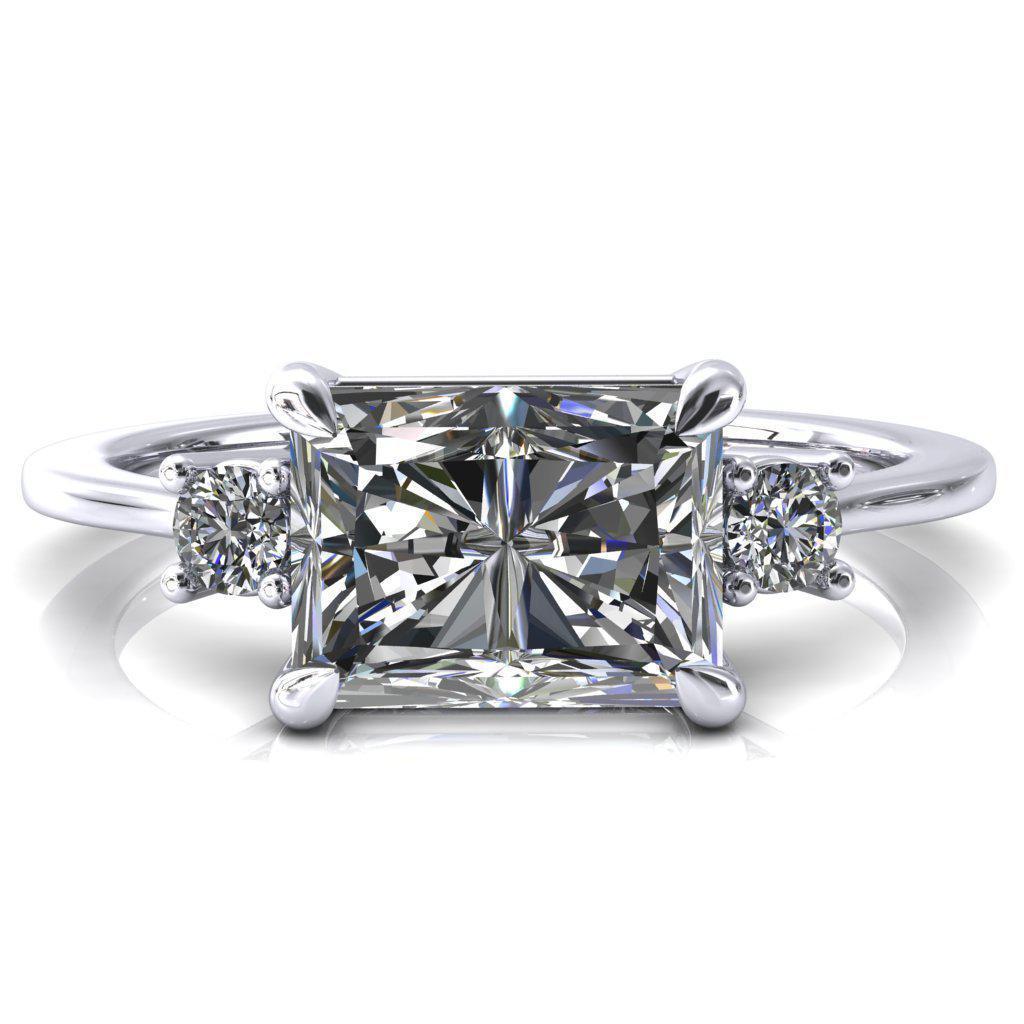 Poppy Radiant Moissanite East-West 4 Claw Prong 2 Rail Basket Round Sidestones Inverted Cathedral Engagement Ring-FIRE & BRILLIANCE