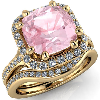 Portia 7mm Cushion Cut Morganite Center with Diamond Halo and Shoulders Ring-Custom-Made Jewelry-Fire & Brilliance ®